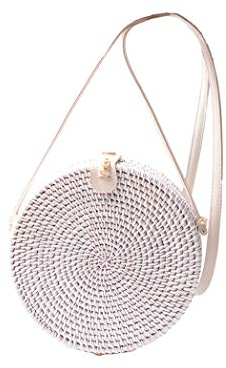 Ulisty Femmes Rond Fait Main Sac en rotin Cercle Tissés à la Main Sac de Paille Panier Sac de Plage d'été Sac d'épaule Sac bandoulière Blanc