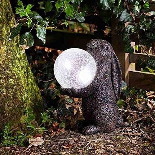 Garden Mile Rabbit Ornament with Crystal Ball Solar Power Garden Pond Light Hand Painted Hare Poly Resin Tarnished Bronze Effect Garden Statue Ornament Outdoor Patio and Pond Lighting