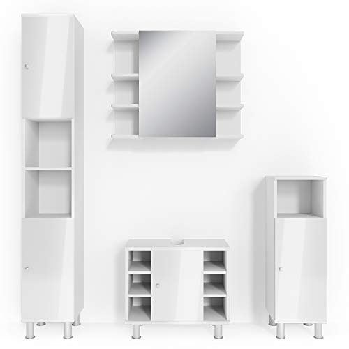 Vicco Badmöbel-Set Fynn, Badezimmerschrank-Set, Weiß Hochglanz, 4 Teile
