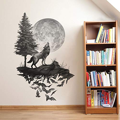 Runtoo Wandtattoo Wolf Wandsticker Vollmond Wandaufkleber Kinderzimmer Wohnzimmer Schlafzimmer