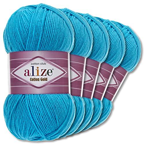 Alize 5 x 100 g Cotton Gold Premium Wolle| 39 Farben Sommerwolle Garn Stricken Amigurumi (16 | Ozeanblau)