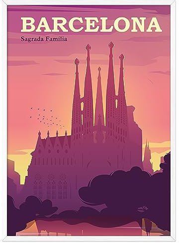 JUNOMI® Barcelona Poster XL, DIN A2 Wohnzimmer Deko, Modernes Wandbild, Spanien Bild, Reiseposter, Barcelona Wandbild | Mit Rahmen Weiß