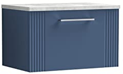 nuie DPF394LBG Deco Modern Bathroom Wall Hung 1 Drawer Part Fluted Vanity Basin Unit with Laminate Bellato Grey Worktop, 600mm, Satin Blue