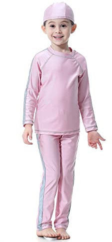 Mädchen Bescheidene Muslimische Bademode Burkini UPF 50+ Full Cover Langarm Top Shirt Hose Badekappe Islamischer Hijab Kinder Modest Badeanzug Islamische Schwimmanzug UV Schutz Anzug Rosa 11-12 Jahre