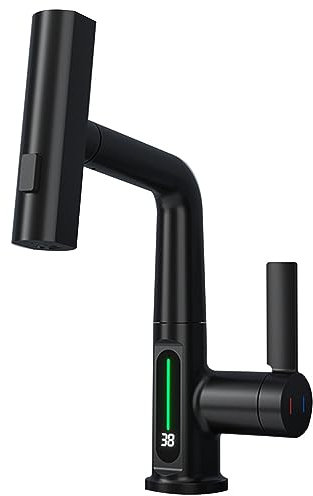 Robinet de cuisine, robinet d'évier rétractable intelligent tout en cuivre, robinet de salle de bain numérique à changement de couleur de la température de l'eau, trois modes de bec (couleur : B,