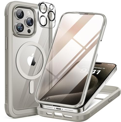 Miracase Magnetic Case for iPhone 15 Pro Max Case 6.7-Inch, Full Body Bumper Case Compatible with MagSafe and Built-in 9H Tempered Glass Screen Protector + Camera Lens Protector (Grey Titanium)