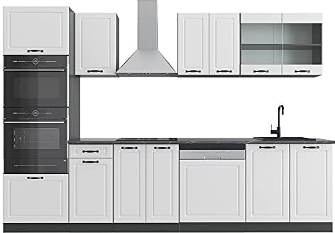 Vicco Küchenzeile R-Line, Weiß Landhaus/Anthrazit, 300 cm mit Hochschrank, AP Anthrazit