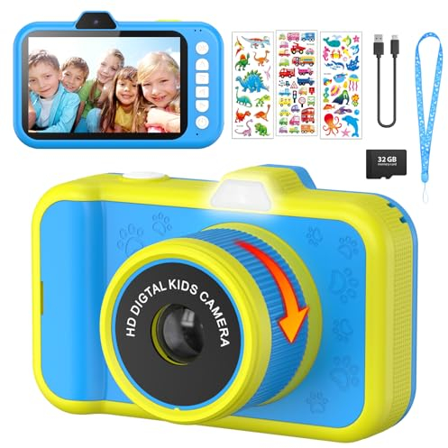 Ushining Macchina Fotografica Bambini, 3,5 Pollici Grande Schermo Fotocamera Bambini con 360° Obiettivo Zoom Rotante LED Flash 32GB TF Scheda, 1080P Videocamera Digitale Bambini, Regalo per 3-12 Anni