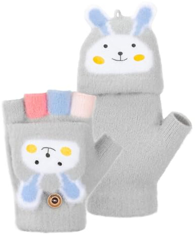 MELLIEX Mitaine Enfant, Flip Top Gants Enfant Hiver, Chaudes Moufles Demi-Doigts, Tricotés Gants sans Doigts pour Garçons Filles 5-10 Ans,Lapin-Gris