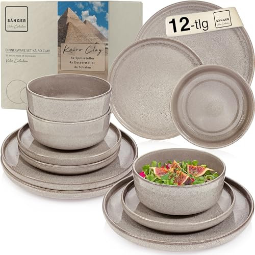 SÄNGER Kairo Clay | Tafelservice 12 teilig, Steingut Geschirr Set 4 Personen, 4x Speiseteller 4x Dessertteller 4x Schalen Geschirrset & Schale Grau, Teller Set, Tiefe Teller | VALUE COLLECTION
