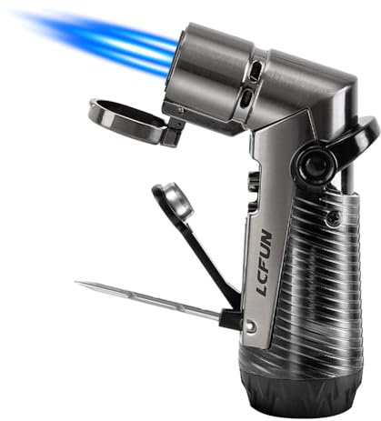 Triple Jet Lighter with Punch and Drill, Butane Gas Flame Torch Lighter Refillable and Windproof for Camping, Candles, Outdoors, Gifts for Him Men (Nickel Brushed) (Without Gas Fuel)