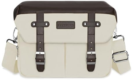 MOSISO Camera Case Crossbody Shoulder Messenger Bag, DSLR/SLR/Mirrorless Photography Vintage PU Leather Flap Gadget Bag with Rain Cover Compatible with Canon/Nikon/Sony Camera and Lens, Beige