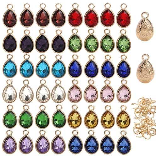 VTOS Glas-Strass-Charms, 48 Stück, 12 Farben, Geburtssteinperlen, Kristall, Dangle Herzanhänger, für Schmuck, Ohrringe, Halskette, Armband (Gold, Drop)
