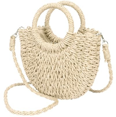 Creaher Straw Beach Bag for Women Hand Woven Beach Tote Bag, Summer Beach Handbag Woven Handmade Shoulder Bag with Strap, Top Handle Straw Bag Handbag for Women Girls Shopping Travel Daily Use