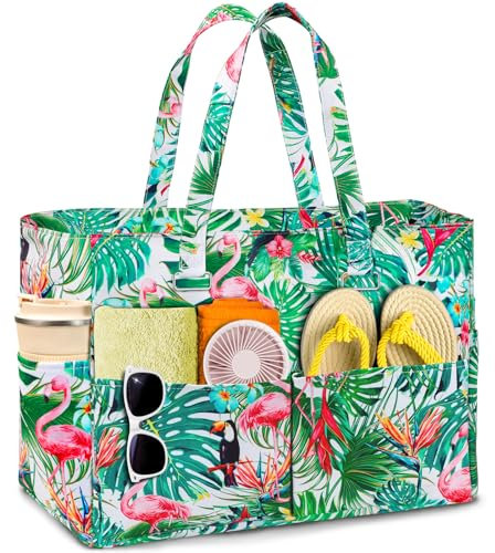 WUQNGI Sac de Plage Femme, Sac Plage xxl Extra Large Famille, Grand Beach Bag Imperméable avec Fermeture Éclair, Pliable Cabas de Plage avec Humide Sèche Séparation per Piscine, Voyages, Gym