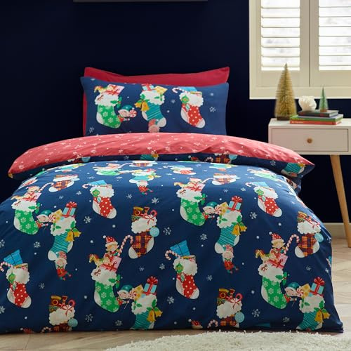 Catherine Lansfield Christmas Elves Cotton Rich Single Duvet Cover Set with Pillowcase Navy Blue