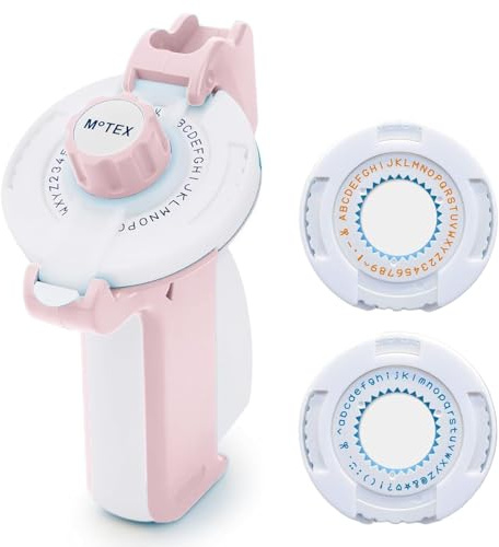 Motex Embossing Label Maker, Labeling Tool, Old School Label Maker, for Manual Label Embossing- E-202, (2 Wheels &1 Refill Tape Included, Ready to use) (Light Pink)