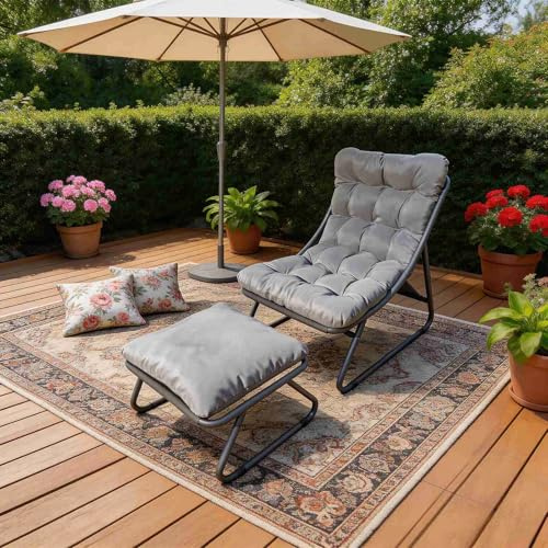 BIRCHTREE Sun Lounger Garden Reclining Lounge Chair with Footstool, Padded Cushion Relax Seat, Heavy Duty Metal Frame 350kg Capacity, Outdoor Patio Relax Chair for Garden Balcony Camping, Grey