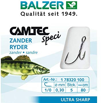Balzer Camtec Speci Zander Ryderhaken Zanderhaken Gr. 4 80cm 178320004 - Angelhaken - Fischhaken - 1 Stück - Zander - Silber - Metall - Nadelspitze
