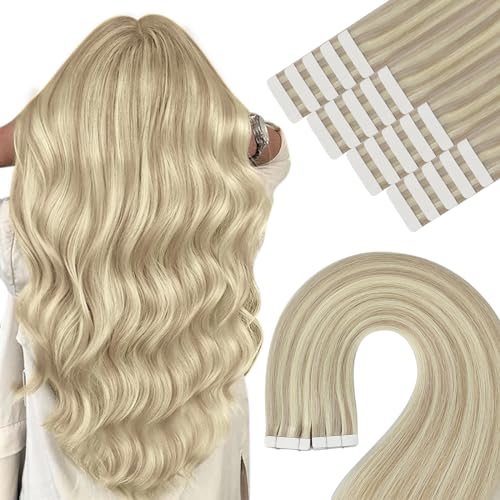 YoungSee Tape in Extensions Echthaar Blond 35cm Tape Extensions Aschblond mit Platinblond Tape Echthaar Extensions Invisible Tape Extensions Echthaar Remy Tape in Hair Extensions 50g 20pcs #18/613