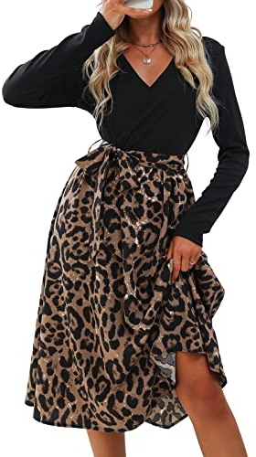 CUPSHE Damen Herbst Kleid V Ausschnitt Langarm Taillenschnürung A Linien Tierdruck Partykleid Freizeitkleider Wrap Midi Dress Brauner Leopardenprint S