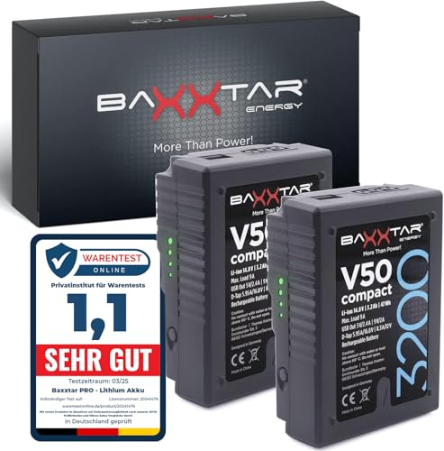 Baxxtar 2X V50 V-Mount Akku 47Wh 3200mAh D-Tap, Powerbank Funktion (USB) | Ersatzakku für Sony DSR 250P 600P 650P 652P HDW-800P PDW-850, LED-Anzeige, Abmessung: 7.5x3.5x10.5cm (322g)