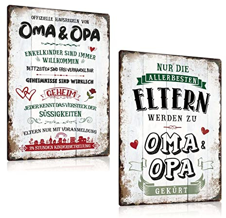 2er Set - Retro Blech-Schilder mit Sprüchen - Oma und Opa - Vintage Humor Metall-schild Deko Geschenkidee für Opa und Oma Familie lieben 20x30cm