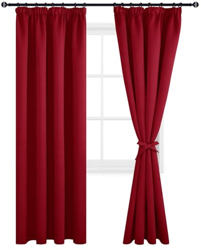 DWCN verdunkelungsvorhänge Dicke Thermovorhänge mit Kräuselband gardinen mit Vorhang-Krawatten, 225x140cm(HöhexBreite), Rot, 2er Set