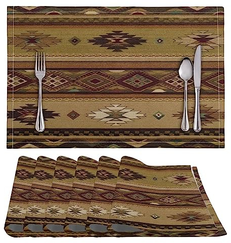 ZFRXIGN Azteken-Tischsets, hitzebeständig, schmutzabweisend, rutschfest, waschbar, Tribal-Design, Navajo, Südwestliche amerikanische Flagge, Braun, 6 Stück