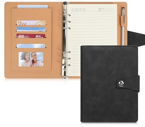 FYY 6 Löcher Binder Notizbuch, PU Leder Loseblatt Notebook mit Paper, Din A5 Nachfüllbar PVC Taschen/A5 Refill Paper für Filofax Notizen DIY Bullet Journal Skizze (Schwarz)