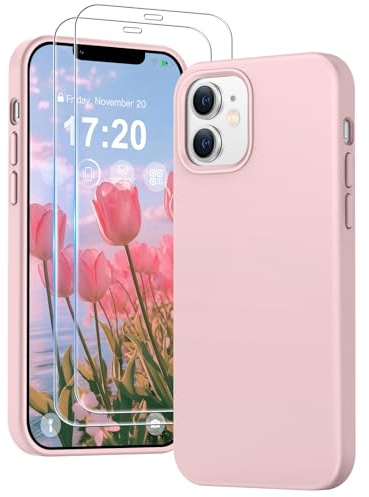 PuyaTeya für iPhone 12/12 pro hülle, mit 2 Stück 9H Panzerglas | Silikon Handyhülle, stoß- und kratzfest. 4-lagiges Mikrofaser-Innenfutter bietet sanften Schutz, Rose