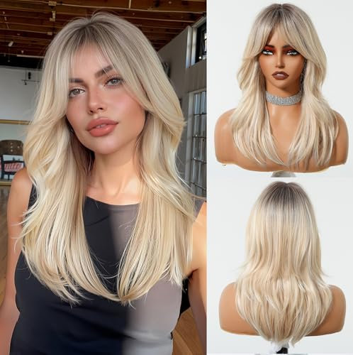 Esmee Lange Gerade Blonde Perücke für Frauen mit Vorhang Pony Natürliche Synthetisches Haar Perücken für den täglichen Gebrauch Party