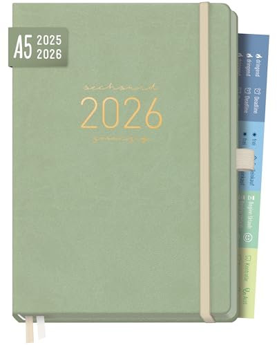 Häfft® Chäff-Timer Deluxe Kalender 2025/2026 A5 Salbei Buchkalender, Terminkalender, Wochenplaner, Terminplaner für 18 Monate: Juli 25 bis Dez. 25 - nachhaltig & klimafreundlich