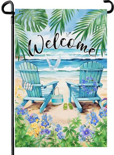 Summer Beach Welcome Gartenflagge, nautische Hawaii-Kokosnussbaum-Gartenflaggen, doppelseitig, 30,5 x 45,7 cm, tropische Hofflaggen für den Außenbereich, Palmenblumen, kleine Flagge,