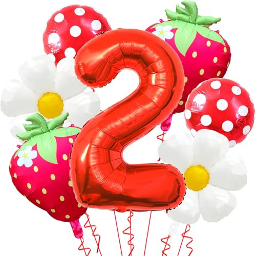 Erdbeerballons Beere Zweiter Geburtstag Dekor, 40 Zoll Mylar Rot Zahl 2 Luftballons - Erdbeerballon für Erdbeere 2. Geburtstag Dekorationen - Erdbeerparty Dekorationen