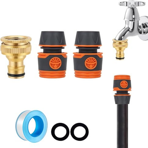 Garden Hose Tap Connector Fitting Set 3/4 inch & 1/2 inch 2-in-1 Outside Tap Connector Brass for Hosepipe,2 Pcs Hose End Quick Connector Outdoor Tap Faucet Adapter Attachments for Garden Hosepipe
