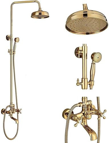 DECAKE Set Doccia con Miscelatore a Pioggia da 8 Pollici con Finitura in Oro di Lusso, Sistema Doccia per Vasca da Bagno a Parete con doccetta Portatile, Elegante Set Doccia Moderno per l
