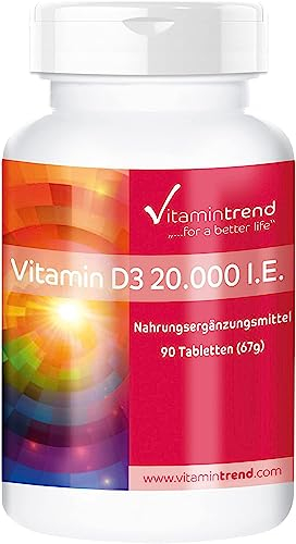 Vitamintrend Vitamin D3 20000 I.E. hochdosiert, 90 Tabletten, Sonnenvitamin Cholecalciferol, veganes Nahrungsergänzungsmittel ohne Zusätze, in Deutschland hergestellt