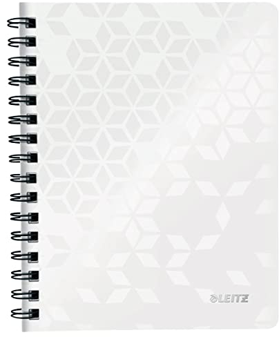 Leitz WOW Collegeblock A4 kariert, 160 Seiten, 80 Blatt FSC-zertifiziertes Papier 80 g/m², Doppelspiralbindung, PP-Einband, Notizbuch mit Sichthülle und Lineal, Für Büro oder Schule, Weiß, 46380001