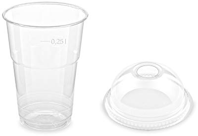 50 bicchieri in plastica + coperchio 250 ml per frullati + coperchio a cupola con apertura trasparente trasparente infrangibile per bevande dessert, frullati Frozen drinks
