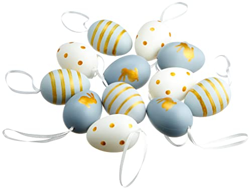 khevga Deko Ostern: Osterdekoration Ostereier mit Band zum Aufhängen Violett Lila im Set (12er Set Blau Gold)