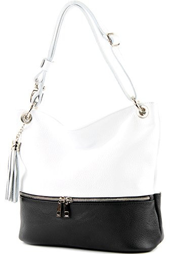 modamoda de - T143 - ital. Leder Schultertasche Umhängetasche, Farbe:Weiß/Schwarz