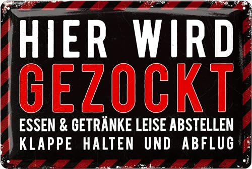 LANOLU Retro Blechschild - Gaming Schild - HIER WIRD GEZOCKT Türschild BITTE NICHT STÖREN - Gamer Geschenk - Gaming Zone - lustige Deko Jugendzimmer für Zocker - als Metallschild, 20x30 cm