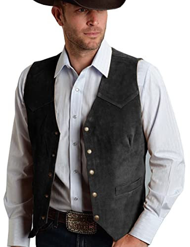 Tuikayoo Men's Suede Leather Suit Vest Vintage Western Cowboy Waistcoat(3XL, Black)