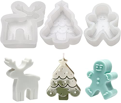 EXQULEG 3 Stück Weihnachtsbaum Kerzenform,Lebkuchenmann, Elch, Weihnachtsbaum Kerze Silikonform Kerzengießform,Form Kerzen Gießen Formen für die Herstellung von Kerzen, Aromasteinen, Schokolade
