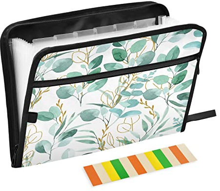 Kcldeci Grün und Gold Eukalyptus Fächermappe 13 Taschen Brief A4 Papier Organizer Ordner Akkordeon Dokument Organizer für Schule