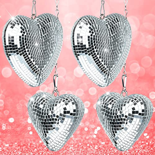 4 Pack Hanging Party Disco Ball Heart Shaped Mirror Disco Party Ornaments 4.3/6.3 Inch Portable Silver Disco Ball Diffuser Disco Decor with Hanging Hook Fun Party Decorations for Indoor Home Bar KTV