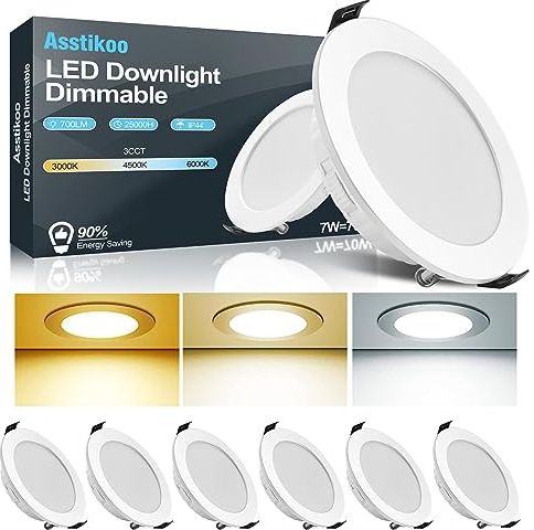 Asstikoo Foco LED Empotrable Regulable de 7W, Extra Plano 25mm, Impermeable IP44, Agujero Φ85-100mm, 3000K 4000K 6500K, Iluminación de Techo 230V para Salón, Cocina, Baño