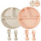 PandaEar Lot de 2 Assiettes à Ventouse en Silicone avec Compartiments, 2 Cuillères et 2 Fourchettes pour Bébés et Tout-Petits | Ensemble d'Alimentation pour Bébés en Silicone sans BPA - Rose & Lin