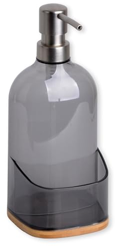 KOOK TIME Dispensador de Jabón con Base de Bambú - Organizador de Estropajo para Fregadero - Dosificador para Cocina o Baño, Gris